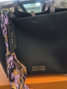 Versace Jeans Collection Black Tote with Purple Scarf Accent
